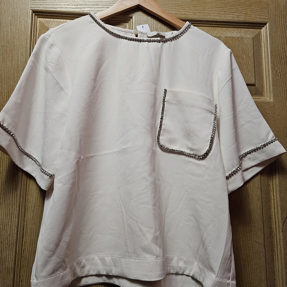 Ann Taylor , The loft white short sleeve rhinestone blouse, NEW